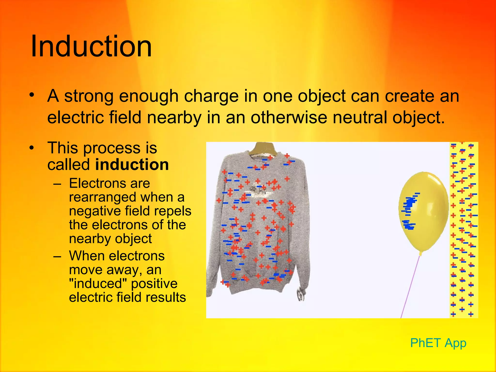 Induction This process is called  induction Electrons are rearranged when a negative field repels the electrons of the nearby object When electrons move away, an "induced" positive electric field results  A strong enough charge in one object can create an electric field nearby in an otherwise neutral object. PhET  App 
