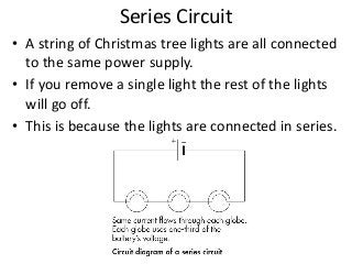 Series Circuit 
• A string of Christmas tree lights are all connected 
to the same power supply. 
• If you remove a single light the rest of the lights 
will go off. 
• This is because the lights are connected in series. 
 