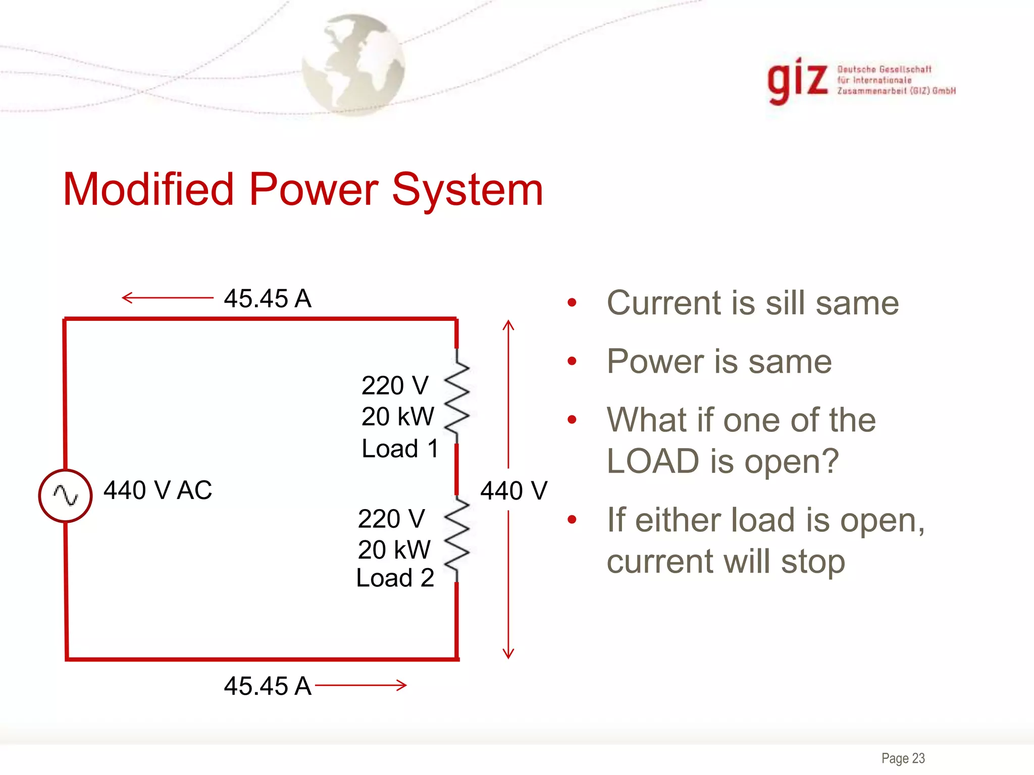 Page 23
Modified Power System
• Current is sill same
• Power is same
• What if one of the
LOAD is open?
• If either load is open,
current will stop
Load 1
Load 2
220 V
20 kW
220 V
20 kW
440 V AC
45.45 A
45.45 A
440 V
 