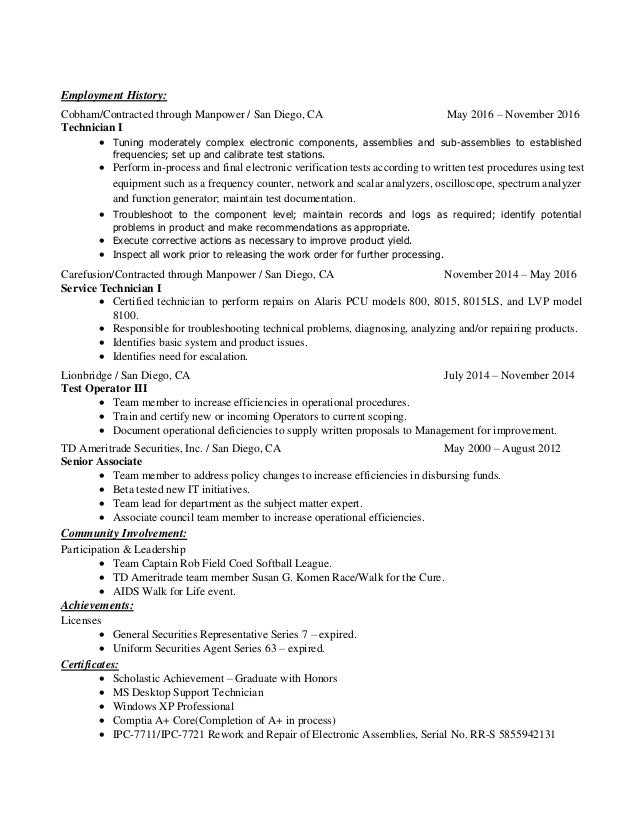 resume for electronic technician