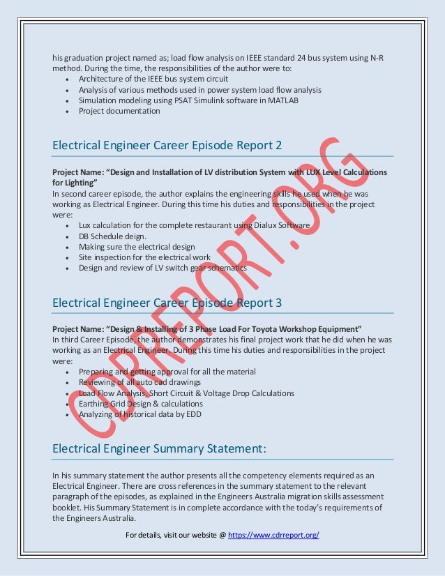 free sample cdr for electrical engineer Code:  ANZSCO CDR Engineer Report 233311  Electrical Sample