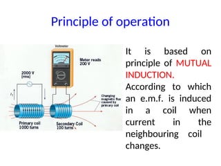 Principle of operation
It is based on
principle of MUTUAL
INDUCTION.
According to which
an e.m.f. is induced
in a coil when
current in the
neighbouring coil
changes.
 