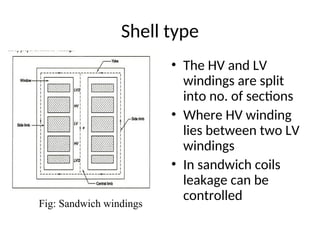 Shell type
• The HV and LV
windings are split
into no. of sections
• Where HV winding
lies between two LV
windings
• In sandwich coils
leakage can be
controlled
Fig: Sandwich windings
 
