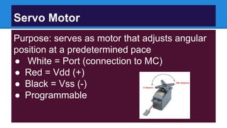 Servo Motor
Purpose: serves as motor that adjusts angular
position at a predetermined pace
● White = Port (connection to MC)
● Red = Vdd (+)
● Black = Vss (-)
● Programmable
 