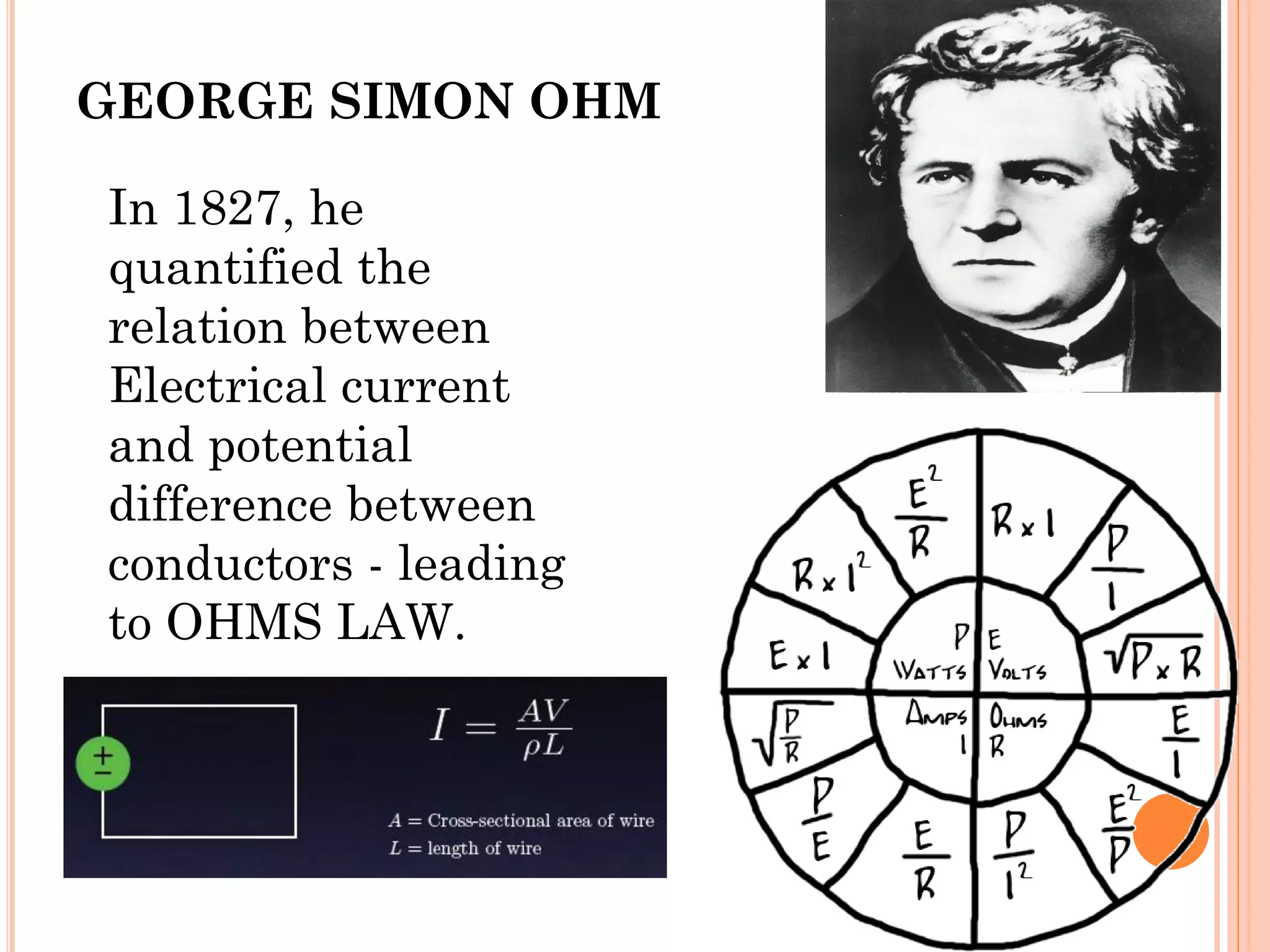 In 1827, he
quantified the
relation between
Electrical current
and potential
difference between
conductors - leading
to OHMS LAW.
GEORGE SIMON OHM
 