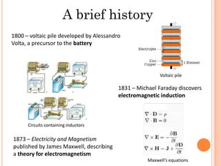 A brief history
1800 – voltaic pile developed by Alessandro
Volta, a precursor to the battery
1831 – Michael Faraday discovers
electromagnetic induction
1873 – Electricity and Magnetism
published by James Maxwell, describing
a theory for electromagnetism
Voltaic pile
Circuits containing inductors
Maxwell’s equations
 