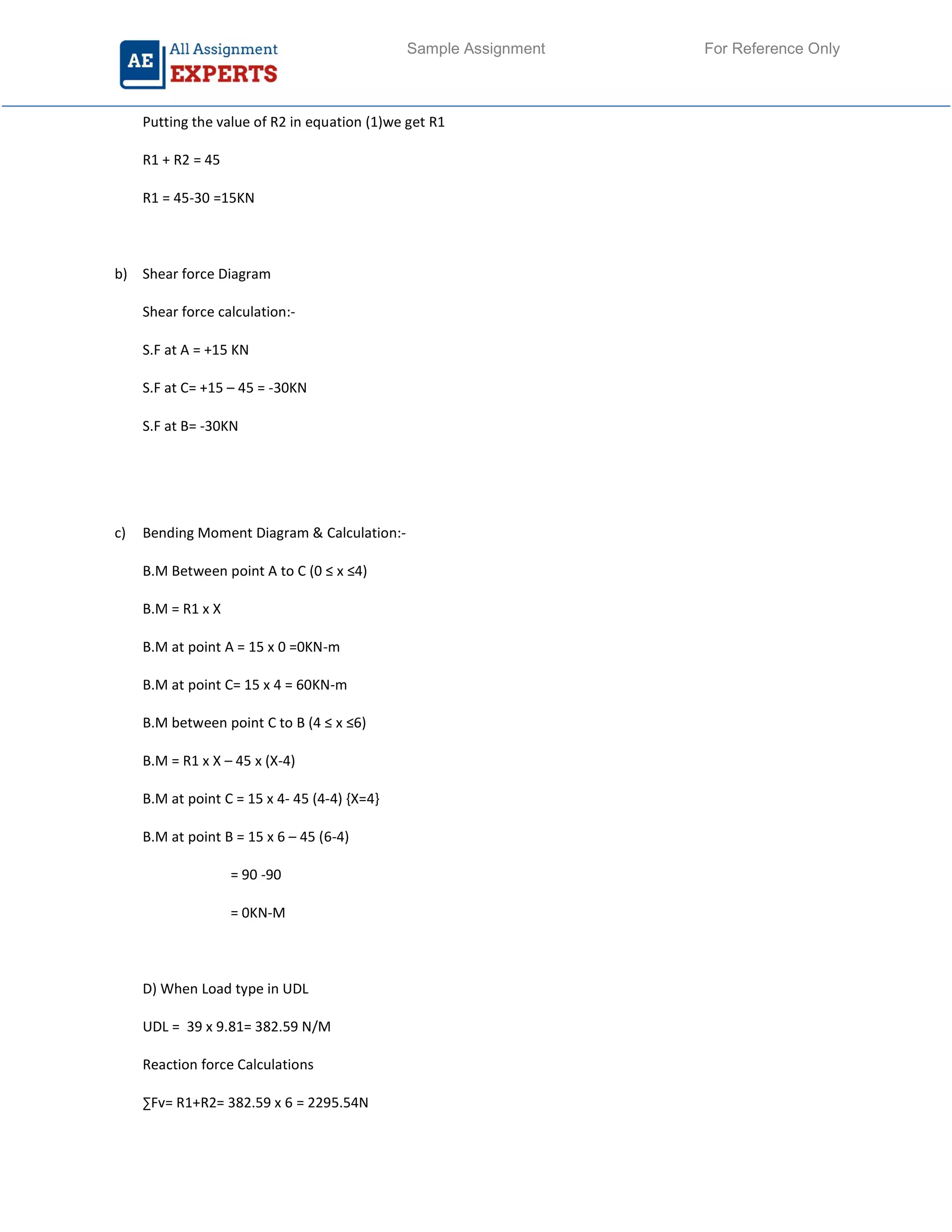Sample Assignment For Reference Only
Putting the value of R2 in equation (1)we get R1
R1 + R2 = 45
R1 = 45-30 =15KN
b) Shear force Diagram
Shear force calculation:-
S.F at A = +15 KN
S.F at C= +15 – 45 = -30KN
S.F at B= -30KN
c) Bending Moment Diagram & Calculation:-
B.M Between point A to C (0 ≤ x ≤4)
B.M = R1 x X
B.M at point A = 15 x 0 =0KN-m
B.M at point C= 15 x 4 = 60KN-m
B.M between point C to B (4 ≤ x ≤6)
B.M = R1 x X – 45 x (X-4)
B.M at point C = 15 x 4- 45 (4-4) {X=4}
B.M at point B = 15 x 6 – 45 (6-4)
= 90 -90
= 0KN-M
D) When Load type in UDL
UDL = 39 x 9.81= 382.59 N/M
Reaction force Calculations
∑Fv= R1+R2= 382.59 x 6 = 2295.54N
 