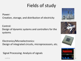 Fields of study
Power:
Creation, storage, and distribution of electricity
Control:
Design of dynamic systems and controllers for the
systems
Electronics/Microelectronics:
Design of integrated circuits, microprocessors, etc.
Signal Processing: Analysis of signals
11/07/15 10
 