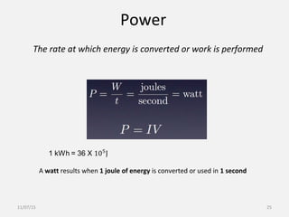 Power
The rate at which energy is converted or work is performed
A watt results when 1 joule of energy is converted or used in 1 second
11/07/15 25
 