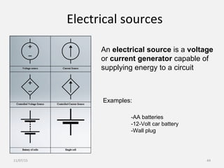 Electrical sources
An electrical source is a voltage
or current generator capable of
supplying energy to a circuit
Examples:
-AA batteries
-12-Volt car battery
-Wall plug
11/07/15 44
 