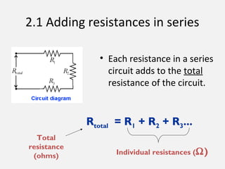 2.1 Adding resistances in series
• Each resistance in a series
circuit adds to the total
resistance of the circuit.
Rtotal = R1 + R2 + R3...
Total
resistance
(ohms) Individual resistances (Ω)
 