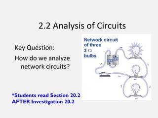 2.2 Analysis of Circuits
Key Question:
How do we analyze
network circuits?
*Students read Section 20.2
AFTER Investigation 20.2
 