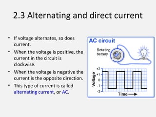 2.3 Alternating and direct current
• If voltage alternates, so does
current.
• When the voltage is positive, the
current in the circuit is
clockwise.
• When the voltage is negative the
current is the opposite direction.
• This type of current is called
alternating current, or AC.
 