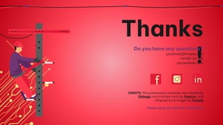 CREDITS: This presentation template was created by
Slidesgo, and includes icons by Flaticon, and
infographics & images by Freepik
Thanks
!
Do you have any questions?
youremail@freepik.com
+34 654 321 432
yourwebsite.com
Please keep this slide for attribution
 