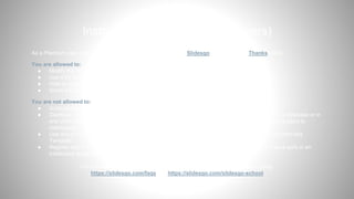 As a Premium user, you can use this template without attributing Slidesgo or keeping the "Thanks" slide.
You are allowed to:
● Modify this template.
● Use it for both personal and commercial purposes.
● Hide or delete the “Thanks” slide and the mention to Slidesgo in the credits.
● Share this template in an editable format with people who are not part of your team.
You are not allowed to:
● Sublicense, sell or rent this Slidesgo Template (or a modified version of this Slidesgo Template).
● Distribute this Slidesgo Template (or a modified version of this Slidesgo Template) or include it in a database or in
any other product or service that offers downloadable images, icons or presentations that may be subject to
distribution or resale.
● Use any of the elements that are part of this Slidesgo Template in an isolated and separated way from this
Template.
● Register any of the elements that are part of this template as a trademark or logo, or register it as a work in an
intellectual property registry or similar.
For more information about editing slides, please read our FAQs or visit our blog:
https://slidesgo.com/faqs and https://slidesgo.com/slidesgo-school
Instructions for use (premium users)
 