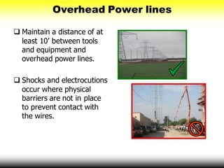 Overhead Power lines
 Maintain a distance of at
least 10’ between tools
and equipment and
overhead power lines.
 Shocks and electrocutions
occur where physical
barriers are not in place
to prevent contact with
the wires.
 