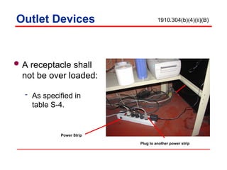 Outlet Devices
A receptacle shall
not be over loaded:
 As specified in
table S-4.
1910.304(b)(4)(ii)(B)
Power Strip
Plug to another power strip
 