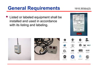 General Requirements
 Listed or labeled equipment shall be
installed and used in accordance
with its listing and labeling.
1910.303(b)(2)
 