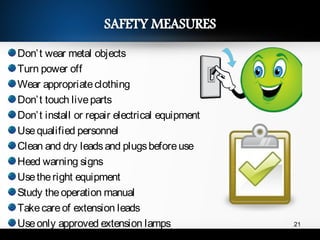 Don’t wear metal objects
Turn power off
Wear appropriateclothing
Don’t touch liveparts
Don’t install or repair electrical equipment
Usequalified personnel
Clean and dry leadsand plugsbeforeuse
Heed warning signs
Usetheright equipment
Study theoperation manual
Takecareof extension leads
Useonly approved extension lamps 21
 