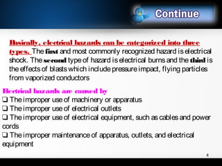 Electrical hazards are caused by
❑ Theimproper useof machinery or apparatus
❑ Theimproper useof electrical outlets
❑ Theimproper useof electrical equipment, such ascablesand power
cords
❑ Theimproper maintenanceof apparatus, outlets, and electrical
equipment
Basically, electrical hazards can be categorized into three
types. Thefirst and most commonly recognized hazard iselectrical
shock. Thesecond typeof hazard iselectrical burnsand the third is
theeffectsof blastswhich includepressureimpact, flying particles
from vaporized conductors
4
 