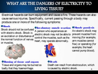Electrical hazardscan burn equipment and causeafire. Thesehazardscan also
causeseriousinjuries. Specifically, current passing through abody may
produceoneor moreof thefollowing symptoms:
Shock
Shock should not beconfused
with electric shock. Shock is
an excitation or disturbanceof
thenormal function of nerves
or muscles.
Involuntary muscle reaction
A person who experiencesan
electric shock may not beableto
control themuscles, such asthe
heart, may operateabnormally.
Muscle paralysis
An electric shock may
prevent musclesfrom
moving (for example,
arm musclescannot
flex) or operating (for
example, theheart
cannot pump blood).
Burning of tissue and organs
Tissueand organsmay beburned so
badly that they haemorrhage.
Death
Death can result from electrocution, which
iscaused by electric shock. 6
 