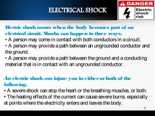 Electric shock occurs when the body becomes part of an
electrical circuit. Shocks can happen in three ways.
• A person may comein contact with both conductorsin acircuit.
• A person may provideapath between an ungrounded conductor and
theground.
• A person may provideapath between theground and aconducting
material that isin contact with an ungrounded conductor.
An electric shock can injure you in eitherorboth of the
following.
• A severeshock can stop theheart or thebreathing muscles, or both.
• Theheating effectsof thecurrent can causesevereburns, especially
at pointswheretheelectricity entersand leavesthebody.
7
 
