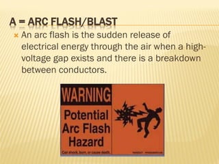 A = ARC FLASH/BLAST
 An arc flash is the sudden release of
electrical energy through the air when a high-
voltage gap exists and there is a breakdown
between conductors.
 
