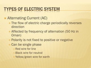 TYPES OF ELECTRIC SYSTEM
 Alternating Current (AC)
 The flow of electric charge periodically reverses
direction
 Affected by frequency of alternation (50 Hz in
Oman)
 Polarity is not fixed to positive or negative
 Can be single phase
 Red wire for line
 Black wire for neutral
 Yellow/green wire for earth
 