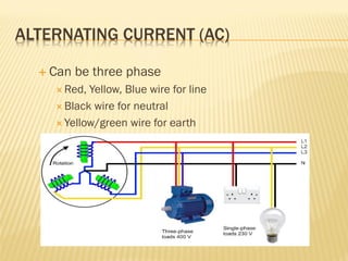 ALTERNATING CURRENT (AC)
 Can be three phase
 Red, Yellow, Blue wire for line
 Black wire for neutral
 Yellow/green wire for earth
 