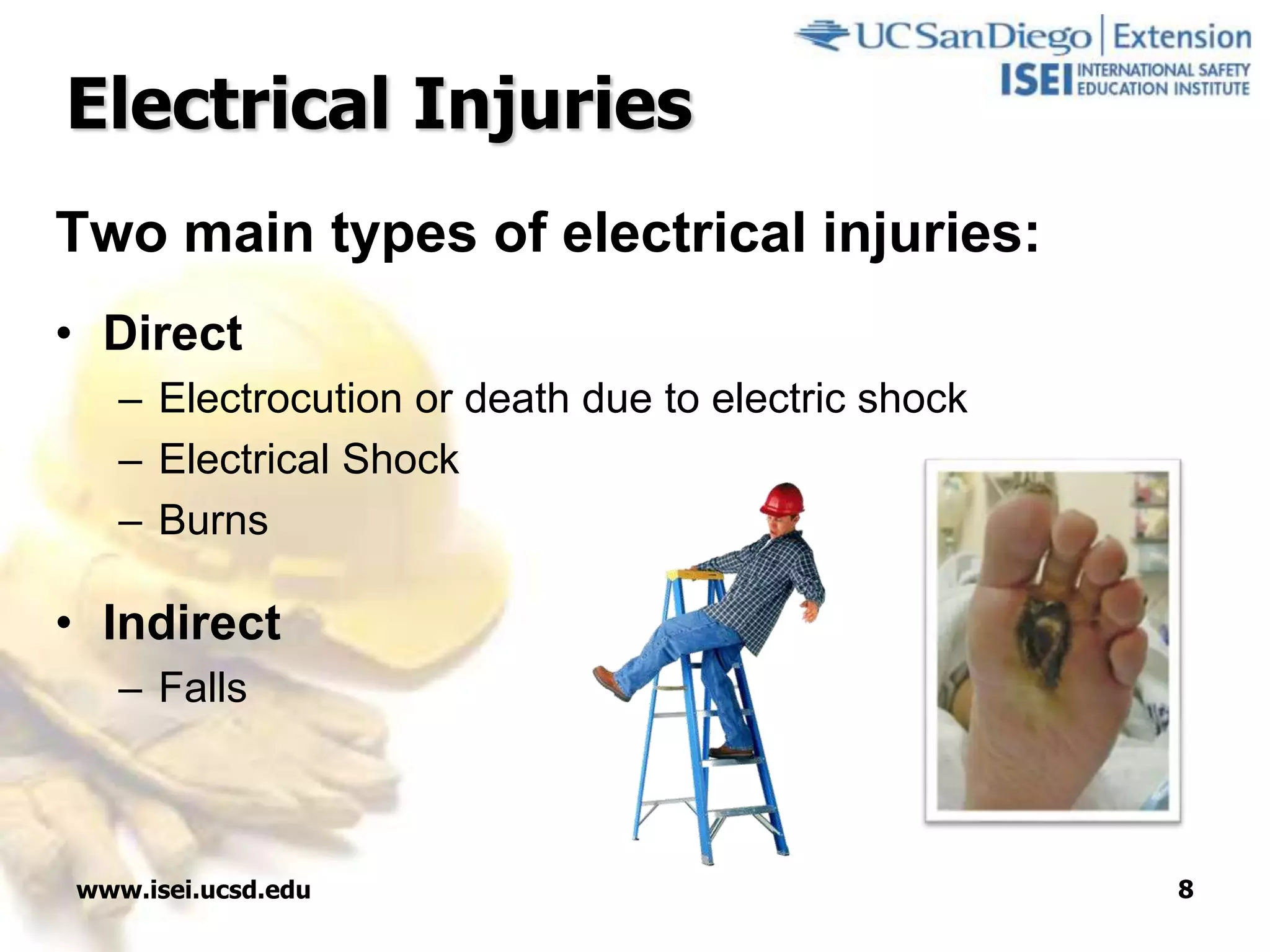 www.isei.ucsd.edu 8
Electrical Injuries
Two main types of electrical injuries:
• Direct
– Electrocution or death due to electric shock
– Electrical Shock
– Burns
• Indirect
– Falls
 