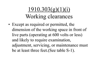 1910.303(g)(1)(i)
Working clearances
• Except as required or permitted, the
dimension of the working space in front of
live parts (operating at 600 volts or less)
and likely to require examination,
adjustment, servicing, or maintenance must
be at least three feet.(See table S-1).
 