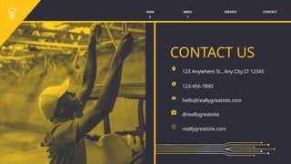 SERVICE CONTACT
ABOU
T
HOM
E
CONTACT US
123 Anywhere St., Any City,ST 12345
123-456-7890
hello@reallygreatsite.com
reallygreatsite.com
@reallygreatsite
 