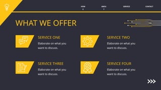SERVICE CONTACT
ABOU
T
HOM
E
WHAT WE OFFER
SERVICE ONE SERVICE TWO
SERVICE THREE SERVICE FOUR
Elaborate on what you
want to discuss.
Elaborate on what you
want to discuss.
Elaborate on what you
want to discuss.
Elaborate on what you
want to discuss.
 