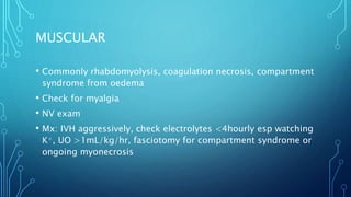 MUSCULAR
• Commonly rhabdomyolysis, coagulation necrosis, compartment
syndrome from oedema
• Check for myalgia
• NV exam
• Mx: IVH aggressively, check electrolytes <4hourly esp watching
K+, UO >1mL/kg/hr, fasciotomy for compartment syndrome or
ongoing myonecrosis
 