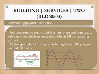BUILDING | SERVICES | TWO
(BLD60503)
Electrical supply and distribution
•Fuel converted to steam at high temperature and pressure, to
drive turbines which generate electricity at 25kV alternating
current.
•AC changes polarity from positive to negative at 50 cycles per
second (50 hertz)
 
