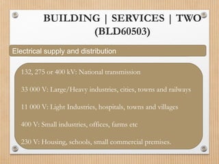 BUILDING | SERVICES | TWO
(BLD60503)
Electrical supply and distribution
132, 275 or 400 kV: National transmission
33 000 V: Large/Heavy industries, cities, towns and railways
11 000 V: Light Industries, hospitals, towns and villages
400 V: Small industries, offices, farms etc
230 V: Housing, schools, small commercial premises.
 