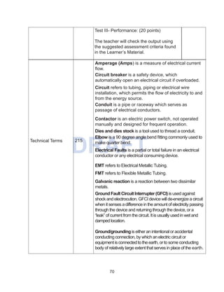 70
DRAFTTechnical Terms 215
Amperage (Amps) is a measure of electrical current
flow.
Circuit breaker is a safety device, which
automatically open an electrical circuit if overloaded.
Circuit refers to tubing, piping or electrical wire
installation, which permits the flow of electricity to and
from the energy source.
Conduit is a pipe or raceway which serves as
passage of electrical conductors.
Contactor is an electric power switch, not operated
manually and designed for frequent operation.
Dies and dies stock is a tool used to thread a conduit.
Elbow is a 90 degree angle bend fitting commonly used to
make quarter bend.
Electrical Faults is a partial or total failure in an electrical
conductor or any electrical consuming device.
EMT refers to Electrical Metallic Tubing.
FMT refers to Flexible Metallic Tubing.
Galvanic reaction is a reaction between two dissimilar
metals.
Ground Fault Circuit Interrupter (GFCI) is used against
shock and electrocution. GFCI device will de-energize a circuit
when it senses a difference in the amount of electricity passing
through the device and returning through the device, or a
“leak” of current from the circuit. It is usually used in wet and
damped location.
Ground/grounding is either an intentional or accidental
conducting connection, by which an electric circuit or
equipment is connected to the earth, or to some conducting
body of relatively large extent that serves in place of the earth.
Test III- Performance: (20 points)
The teacher will check the output using
the suggested assessment criteria found
in the Learner’s Material.
 