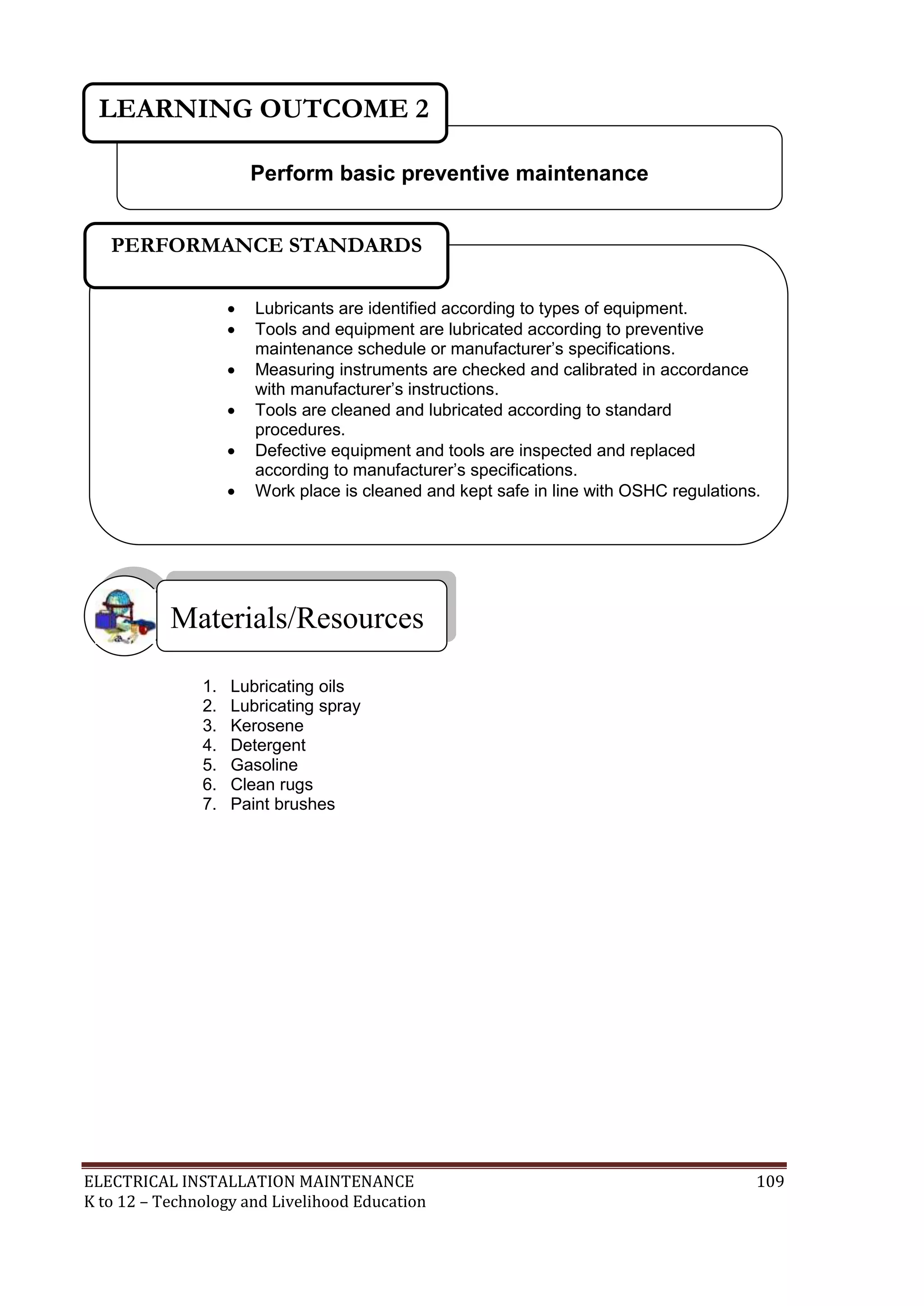 ELECTRICAL INSTALLATION MAINTENANCE 109
K to 12 – Technology and Livelihood Education
1. Lubricating oils
2. Lubricating spray
3. Kerosene
4. Detergent
5. Gasoline
6. Clean rugs
7. Paint brushes
Materials/Resources
Perform basic preventive maintenance
LEARNING OUTCOME 2
 Lubricants are identified according to types of equipment.
 Tools and equipment are lubricated according to preventive
maintenance schedule or manufacturer’s specifications.
 Measuring instruments are checked and calibrated in accordance
with manufacturer’s instructions.
 Tools are cleaned and lubricated according to standard
procedures.
 Defective equipment and tools are inspected and replaced
according to manufacturer’s specifications.
 Work place is cleaned and kept safe in line with OSHC regulations.

PERFORMANCE STANDARDS
 