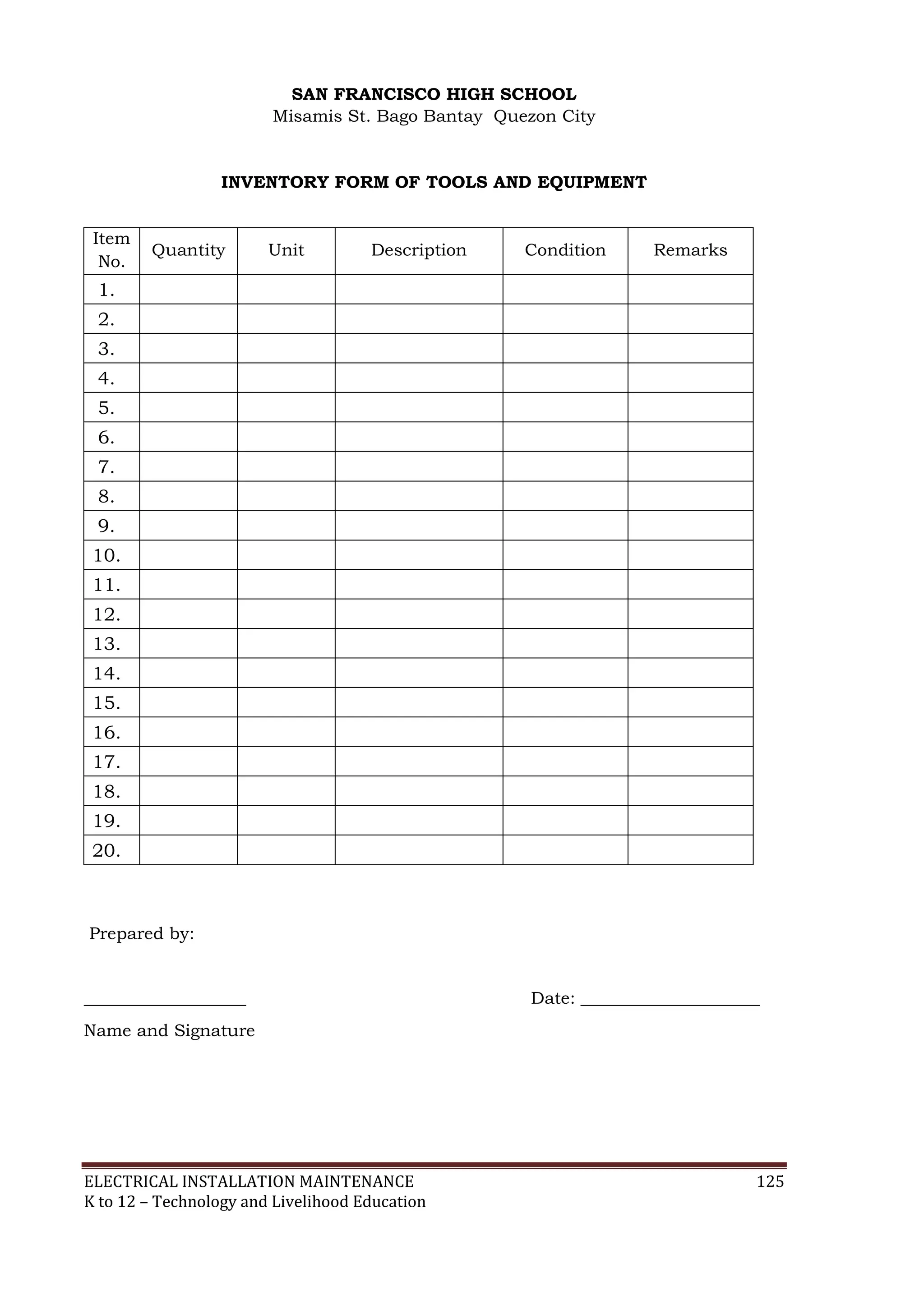 ELECTRICAL INSTALLATION MAINTENANCE 125
K to 12 – Technology and Livelihood Education
SAN FRANCISCO HIGH SCHOOL
Misamis St. Bago Bantay Quezon City
INVENTORY FORM OF TOOLS AND EQUIPMENT
Item
No.
Quantity Unit Description Condition Remarks
1.
2.
3.
4.
5.
6.
7.
8.
9.
10.
11.
12.
13.
14.
15.
16.
17.
18.
19.
20.
Prepared by:
___________________ Date: _____________________
Name and Signature
 