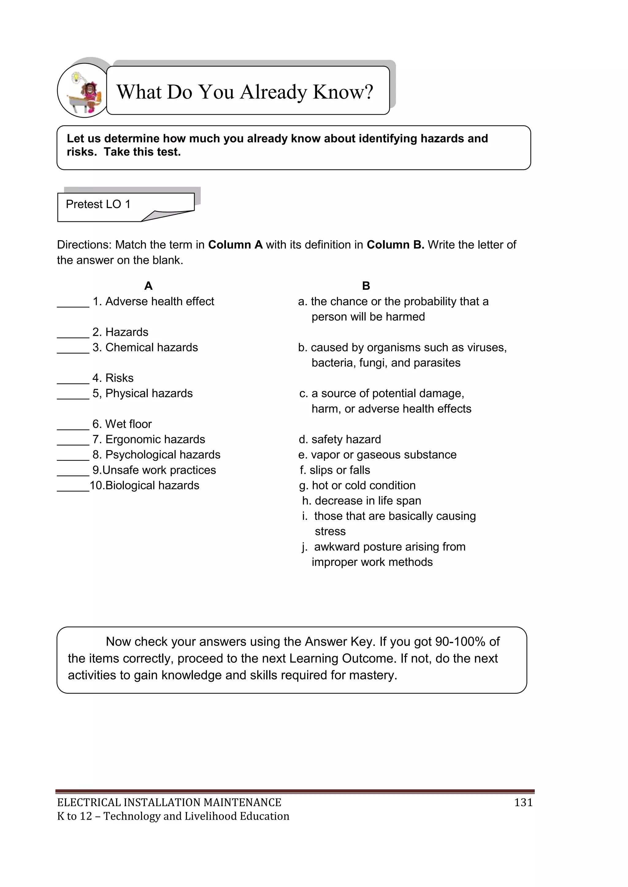 ELECTRICAL INSTALLATION MAINTENANCE 131
K to 12 – Technology and Livelihood Education
Directions: Match the term in Column A with its definition in Column B. Write the letter of
the answer on the blank.
A B
_____ 1. Adverse health effect a. the chance or the probability that a
person will be harmed
_____ 2. Hazards
_____ 3. Chemical hazards b. caused by organisms such as viruses,
bacteria, fungi, and parasites
_____ 4. Risks
_____ 5, Physical hazards c. a source of potential damage,
harm, or adverse health effects
_____ 6. Wet floor
_____ 7. Ergonomic hazards d. safety hazard
_____ 8. Psychological hazards e. vapor or gaseous substance
_____ 9.Unsafe work practices f. slips or falls
_____10.Biological hazards g. hot or cold condition
h. decrease in life span
i. those that are basically causing
stress
j. awkward posture arising from
improper work methods
What Do You Already Know?
Pretest LO 1
Let us determine how much you already know about identifying hazards and
risks. Take this test.
Now check your answers using the Answer Key. If you got 90-100% of
the items correctly, proceed to the next Learning Outcome. If not, do the next
activities to gain knowledge and skills required for mastery.
 