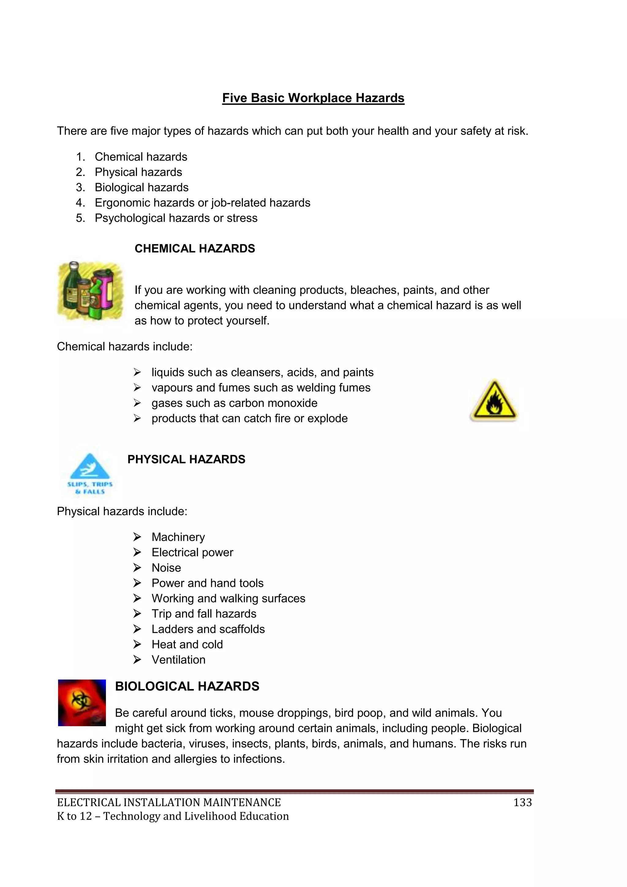 ELECTRICAL INSTALLATION MAINTENANCE 133
K to 12 – Technology and Livelihood Education
Five Basic Workplace Hazards
There are ﬁve major types of hazards which can put both your health and your safety at risk.
1. Chemical hazards
2. Physical hazards
3. Biological hazards
4. Ergonomic hazards or job-related hazards
5. Psychological hazards or stress
CHEMICAL HAZARDS
If you are working with cleaning products, bleaches, paints, and other
chemical agents, you need to understand what a chemical hazard is as well
as how to protect yourself.
Chemical hazards include:
 liquids such as cleansers, acids, and paints
 vapours and fumes such as welding fumes
 gases such as carbon monoxide
 products that can catch ﬁre or explode
PHYSICAL HAZARDS
Physical hazards include:
 Machinery
 Electrical power
 Noise
 Power and hand tools
 Working and walking surfaces
 Trip and fall hazards
 Ladders and scaffolds
 Heat and cold
 Ventilation
BIOLOGICAL HAZARDS
Be careful around ticks, mouse droppings, bird poop, and wild animals. You
might get sick from working around certain animals, including people. Biological
hazards include bacteria, viruses, insects, plants, birds, animals, and humans. The risks run
from skin irritation and allergies to infections.
 