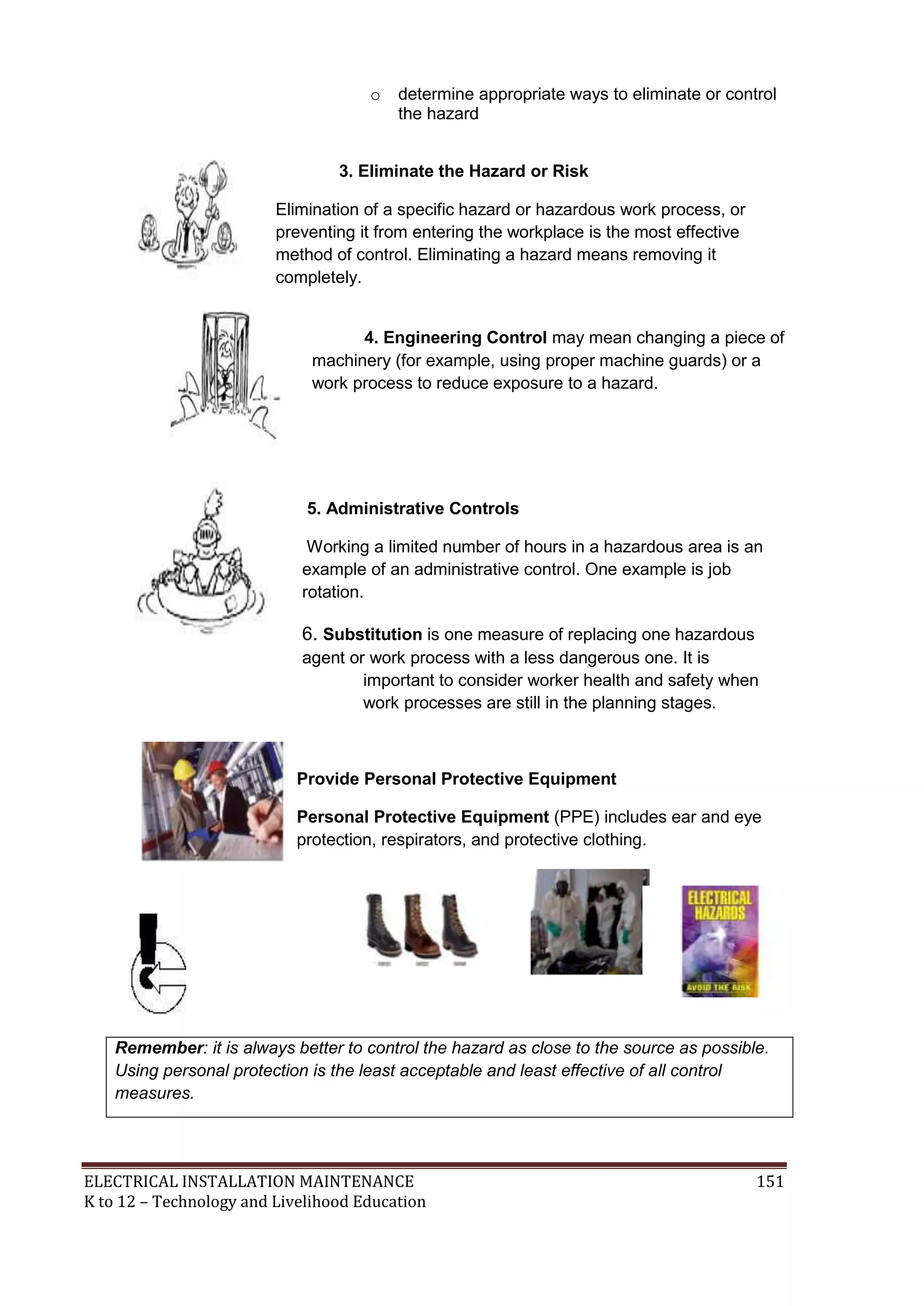 ELECTRICAL INSTALLATION MAINTENANCE 151
K to 12 – Technology and Livelihood Education
o determine appropriate ways to eliminate or control
the hazard
3. Eliminate the Hazard or Risk
Elimination of a specific hazard or hazardous work process, or
preventing it from entering the workplace is the most effective
method of control. Eliminating a hazard means removing it
completely.
4. Engineering Control may mean changing a piece of
machinery (for example, using proper machine guards) or a
work process to reduce exposure to a hazard.
5. Administrative Controls
Working a limited number of hours in a hazardous area is an
example of an administrative control. One example is job
rotation.
6. Substitution is one measure of replacing one hazardous
agent or work process with a less dangerous one. It is
important to consider worker health and safety when
work processes are still in the planning stages.
Provide Personal Protective Equipment
Personal Protective Equipment (PPE) includes ear and eye
protection, respirators, and protective clothing.
Remember: it is always better to control the hazard as close to the source as possible.
Using personal protection is the least acceptable and least effective of all control
measures.
 