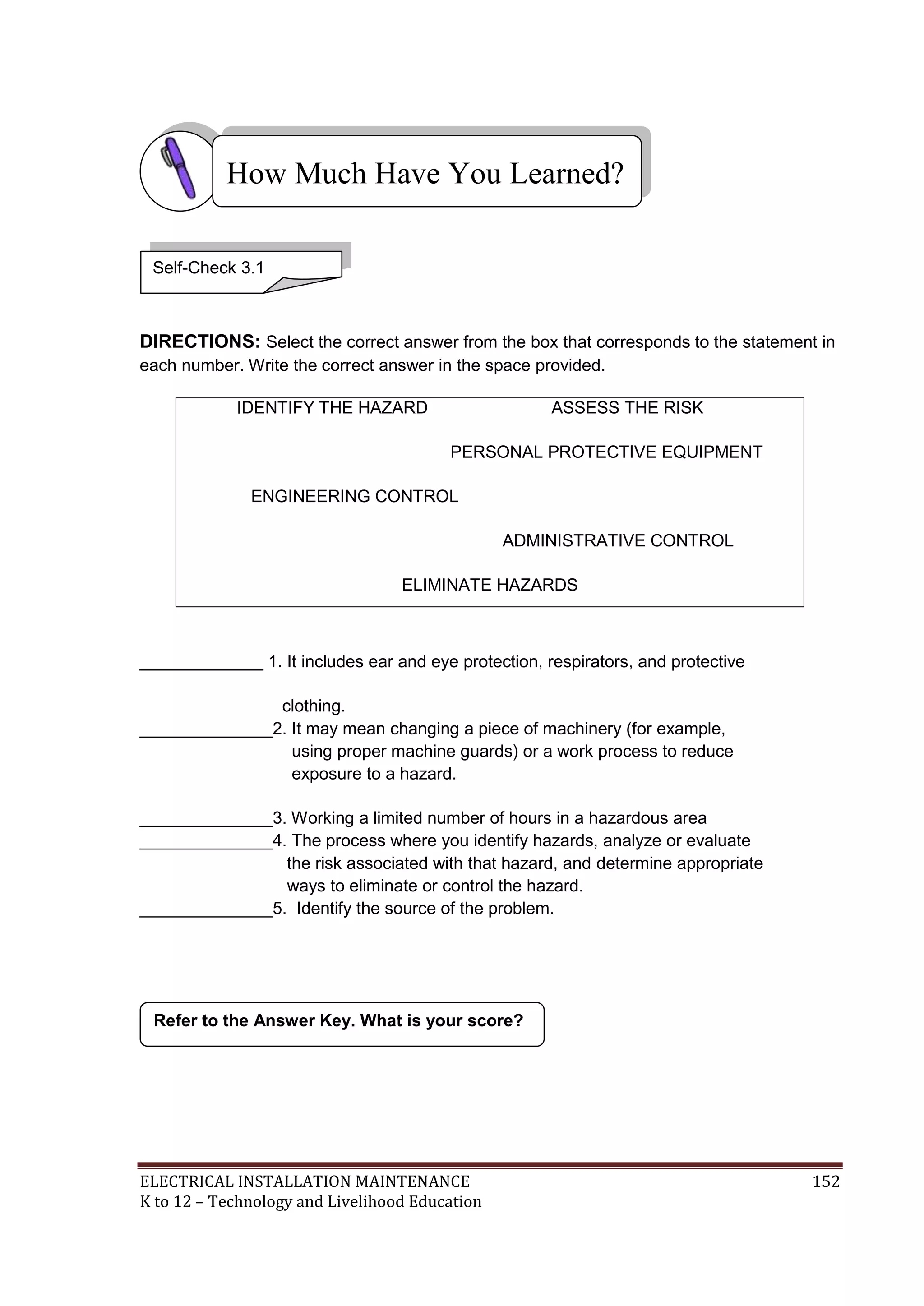 ELECTRICAL INSTALLATION MAINTENANCE 152
K to 12 – Technology and Livelihood Education
DIRECTIONS: Select the correct answer from the box that corresponds to the statement in
each number. Write the correct answer in the space provided.
_____________ 1. It includes ear and eye protection, respirators, and protective
clothing.
______________2. It may mean changing a piece of machinery (for example,
using proper machine guards) or a work process to reduce
exposure to a hazard.
______________3. Working a limited number of hours in a hazardous area
______________4. The process where you identify hazards, analyze or evaluate
the risk associated with that hazard, and determine appropriate
ways to eliminate or control the hazard.
______________5. Identify the source of the problem.
IDENTIFY THE HAZARD ASSESS THE RISK
PERSONAL PROTECTIVE EQUIPMENT
ENGINEERING CONTROL
ADMINISTRATIVE CONTROL
ELIMINATE HAZARDS
Refer to the Answer Key. What is your score?
How Much Have You Learned?
Self-Check 3.1
 