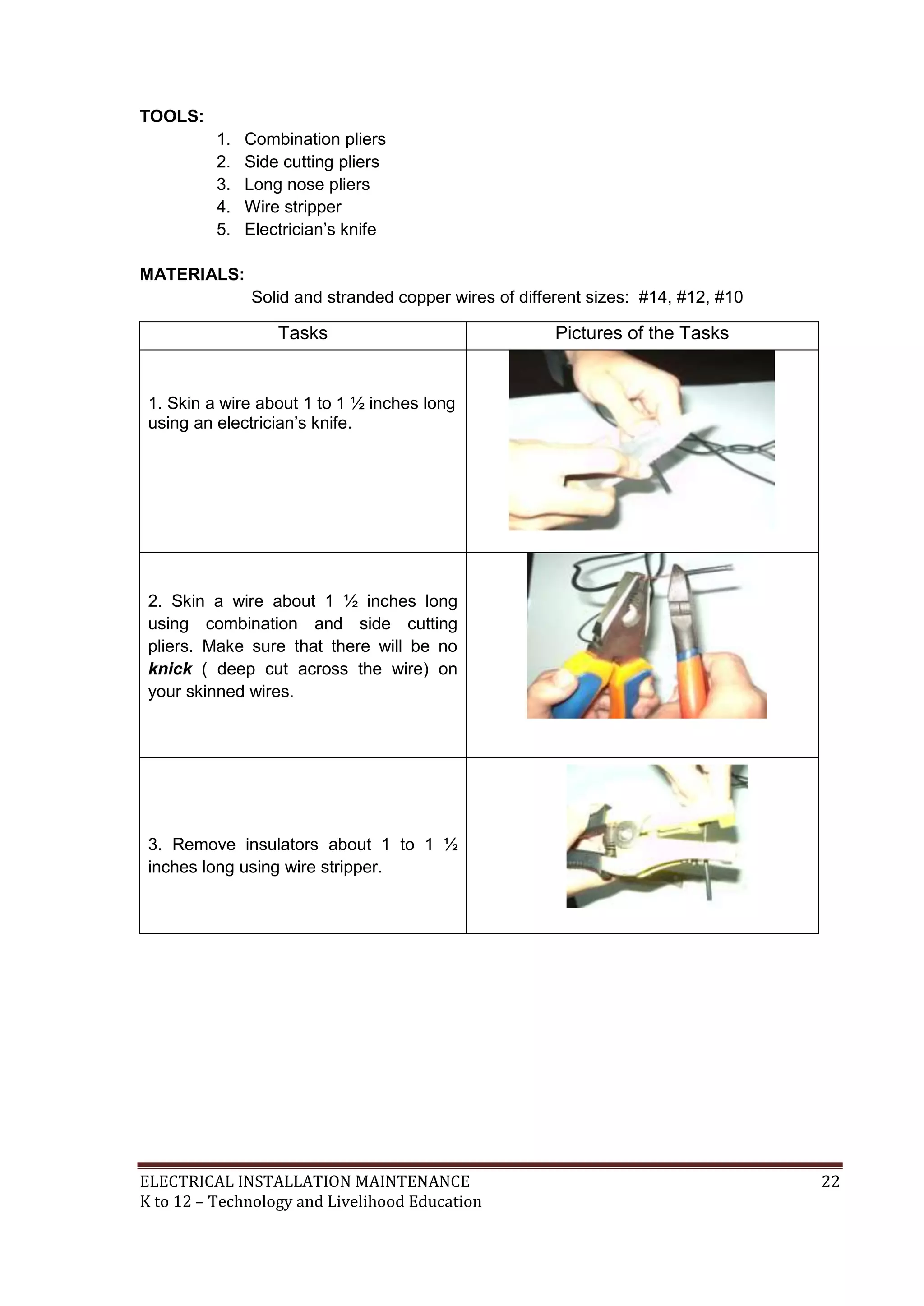 ELECTRICAL INSTALLATION MAINTENANCE 22
K to 12 – Technology and Livelihood Education
TOOLS:
1. Combination pliers
2. Side cutting pliers
3. Long nose pliers
4. Wire stripper
5. Electrician’s knife
MATERIALS:
Solid and stranded copper wires of different sizes: #14, #12, #10
Tasks Pictures of the Tasks
1. Skin a wire about 1 to 1 ½ inches long
using an electrician’s knife.
2. Skin a wire about 1 ½ inches long
using combination and side cutting
pliers. Make sure that there will be no
knick ( deep cut across the wire) on
your skinned wires.
3. Remove insulators about 1 to 1 ½
inches long using wire stripper.
 