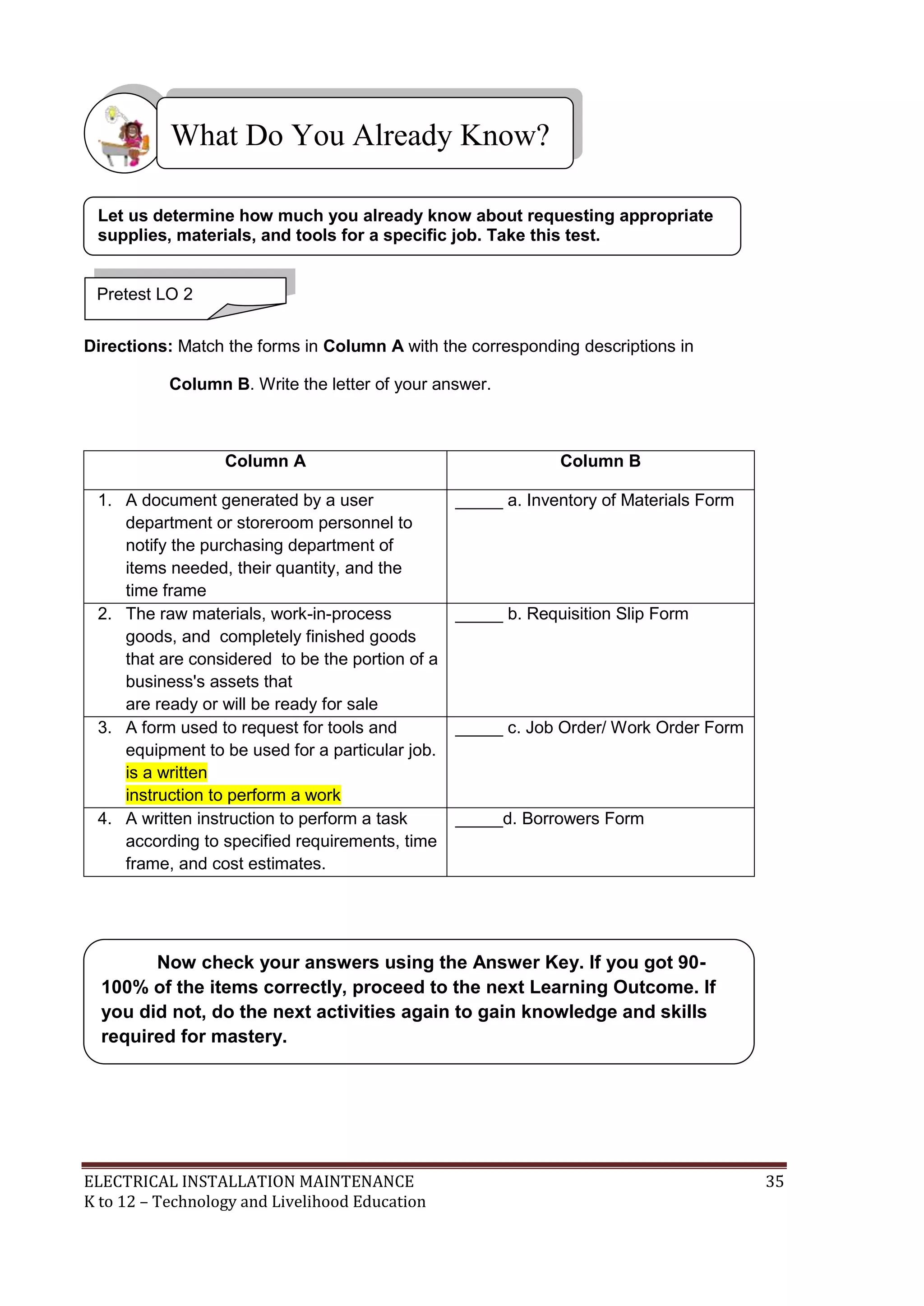 ELECTRICAL INSTALLATION MAINTENANCE 35
K to 12 – Technology and Livelihood Education
Directions: Match the forms in Column A with the corresponding descriptions in
Column B. Write the letter of your answer.
Column A Column B
1. A document generated by a user
department or storeroom personnel to
notify the purchasing department of
items needed, their quantity, and the
time frame
_____ a. Inventory of Materials Form
2. The raw materials, work-in-process
goods, and completely finished goods
that are considered to be the portion of a
business's assets that
are ready or will be ready for sale
_____ b. Requisition Slip Form
3. A form used to request for tools and
equipment to be used for a particular job.
is a written
instruction to perform a work
_____ c. Job Order/ Work Order Form
4. A written instruction to perform a task
according to specified requirements, time
frame, and cost estimates.
_____d. Borrowers Form
What Do You Already Know?
Pretest LO 2
Now check your answers using the Answer Key. If you got 90-
100% of the items correctly, proceed to the next Learning Outcome. If
you did not, do the next activities again to gain knowledge and skills
required for mastery.
Let us determine how much you already know about requesting appropriate
supplies, materials, and tools for a specific job. Take this test.
 