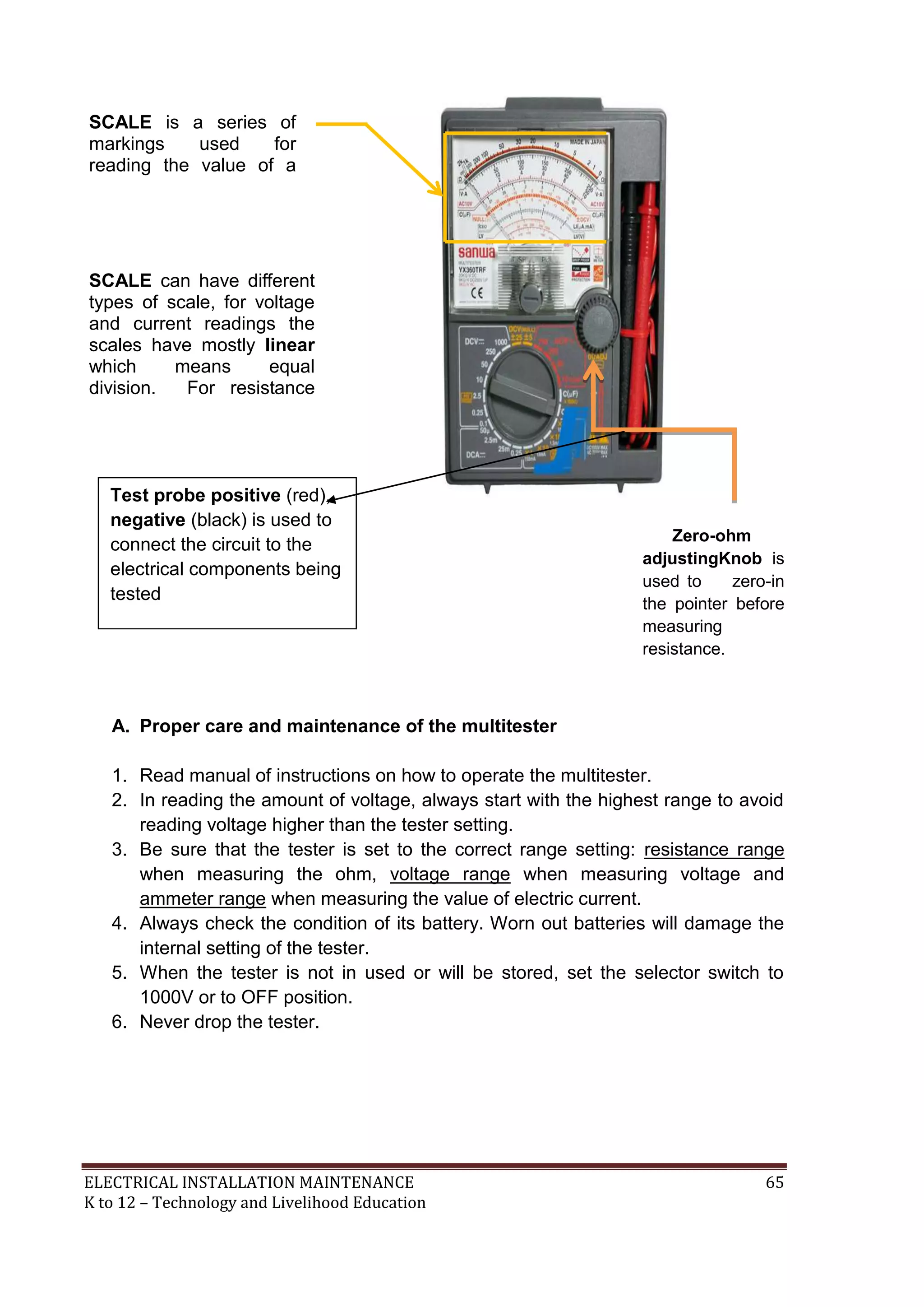 ELECTRICAL INSTALLATION MAINTENANCE 65
K to 12 – Technology and Livelihood Education
Zero-ohm
adjustingKnob is
used to zero-in
the pointer before
measuring
resistance.
A. Proper care and maintenance of the multitester
1. Read manual of instructions on how to operate the multitester.
2. In reading the amount of voltage, always start with the highest range to avoid
reading voltage higher than the tester setting.
3. Be sure that the tester is set to the correct range setting: resistance range
when measuring the ohm, voltage range when measuring voltage and
ammeter range when measuring the value of electric current.
4. Always check the condition of its battery. Worn out batteries will damage the
internal setting of the tester.
5. When the tester is not in used or will be stored, set the selector switch to
1000V or to OFF position.
6. Never drop the tester.
SCALE can have different
types of scale, for voltage
and current readings the
scales have mostly linear
which means equal
division. For resistance
readings, the scale have
logarithmic which means
unequal divisions.
SCALE is a series of
markings used for
reading the value of a
quantity setting.
Test probe positive (red),
negative (black) is used to
connect the circuit to the
electrical components being
tested
 