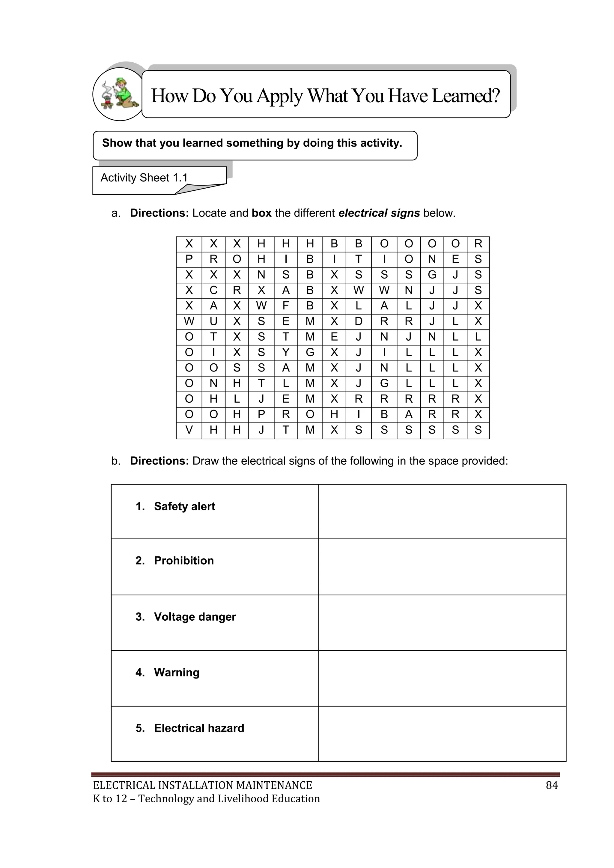 ELECTRICAL INSTALLATION MAINTENANCE 84
K to 12 – Technology and Livelihood Education
a. Directions: Locate and box the different electrical signs below.
X X X H H H B B O O O O R
P R O H I B I T I O N E S
X X X N S B X S S S G J S
X C R X A B X W W N J J S
X A X W F B X L A L J J X
W U X S E M X D R R J L X
O T X S T M E J N J N L L
O I X S Y G X J I L L L X
O O S S A M X J N L L L X
O N H T L M X J G L L L X
O H L J E M X R R R R R X
O O H P R O H I B A R R X
V H H J T M X S S S S S S
b. Directions: Draw the electrical signs of the following in the space provided:
1. Safety alert
2. Prohibition
3. Voltage danger
4. Warning
5. Electrical hazard
Show that you learned something by doing this activity.
Activity Sheet 1.1
HowDo YouApplyWhatYou HaveLearned?
 