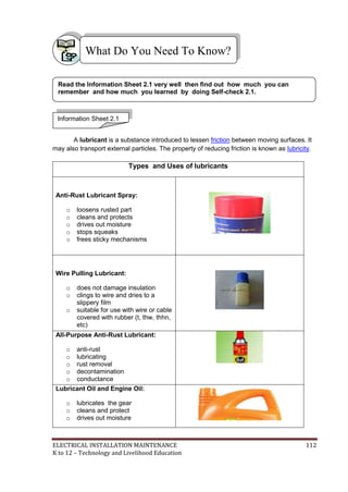 ELECTRICAL INSTALLATION MAINTENANCE 112
K to 12 – Technology and Livelihood Education
A lubricant is a substance introduced to lessen friction between moving surfaces. It
may also transport external particles. The property of reducing friction is known as lubricity.
Types and Uses of lubricants
Anti-Rust Lubricant Spray:
o loosens rusted part
o cleans and protects
o drives out moisture
o stops squeaks
o frees sticky mechanisms
Wire Pulling Lubricant:
o does not damage insulation
o clings to wire and dries to a
slippery film
o suitable for use with wire or cable
covered with rubber (t, thw, thhn,
etc)
All-Purpose Anti-Rust Lubricant:
o anti-rust
o lubricating
o rust removal
o decontamination
o conductance
Lubricant Oil and Engine Oil:
o lubricates the gear
o cleans and protect
o drives out moisture
What Do You Need To Know?
Information Sheet 2.1
Read the Information Sheet 2.1 very well then find out how much you can
remember and how much you learned by doing Self-check 2.1.
 