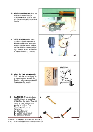 ELECTRICAL INSTALLATION MAINTENANCE 11
K to 12 – Technology and Livelihood Education
B. Philips Screwdriver. This has
a cross tip resembling a
positive (+) sign. This is used
to drive screws with cross slot
heads.
C. Stubby Screwdriver. This
comes in either Standard or
Philips screwdriver with short
shank or blade and a shorted
handle used to turn screws in
tight spaces where a standard
screwdriver cannot be used.
D. Allen Screwdriver/Wrench.
This could be in the shape of a
screwdriver or a wrench. Its
function is to drive screws with
hexagonal slot heads.
II. HAMMERS. These are tools
used in driving or pounding
and pulling out nails. They are
made of hard steel, wood,
plastic, or rubber. The
following are types of
hammers:
A. Claw hammer
B. Mallet(rubber head)
C. Ballpeen hammer
A
B C
 