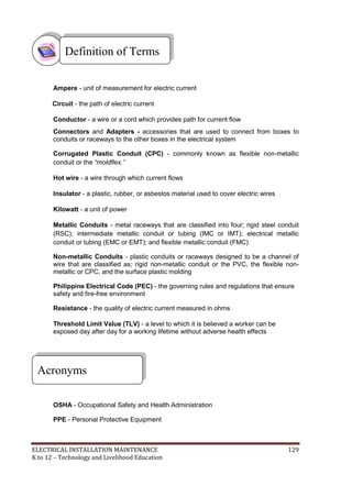 ELECTRICAL INSTALLATION MAINTENANCE 129
K to 12 – Technology and Livelihood Education
Ampere - unit of measurement for electric current
Circuit - the path of electric current
Conductor - a wire or a cord which provides path for current flow
Connectors and Adapters - accessories that are used to connect from boxes to
conduits or raceways to the other boxes in the electrical system
Corrugated Plastic Conduit (CPC) - commonly known as flexible non-metallic
conduit or the “moldflex.”
Hot wire - a wire through which current flows
Insulator - a plastic, rubber, or asbestos material used to cover electric wires
Kilowatt - a unit of power
Metallic Conduits - metal raceways that are classified into four; rigid steel conduit
(RSC); intermediate metallic conduit or tubing (IMC or IMT); electrical metallic
conduit or tubing (EMC or EMT); and flexible metallic conduit (FMC)
Non-metallic Conduits - plastic conduits or raceways designed to be a channel of
wire that are classified as; rigid non-metallic conduit or the PVC, the flexible non-
metallic or CPC, and the surface plastic molding
Philippine Electrical Code (PEC) - the governing rules and regulations that ensure
safety and fire-free environment
Resistance - the quality of electric current measured in ohms
Threshold Limit Value (TLV) - a level to which it is believed a worker can be
exposed day after day for a working lifetime without adverse health effects
OSHA - Occupational Safety and Health Administration
PPE - Personal Protective Equipment
Acronyms
Definition of Terms
 